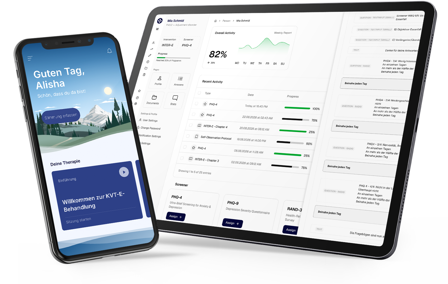 SwissDTx Care Dashboard displayed on a laptop alongside the SwissDTx Patient App shown on a smartphone, illustrating how therapists and users stay connected through integrated digital and in-person care.